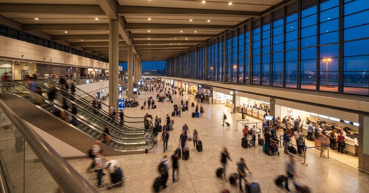 The arrivals concourse at GRU airport in the early evening, travelers crossing the hall and the apron lights beyond the glass