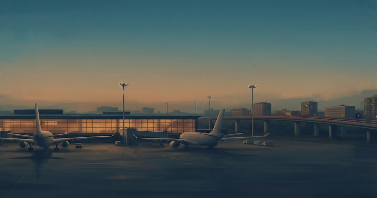 The airport district of Guarulhos at dusk, with the terminal apron, the elevated highway and the city beyond