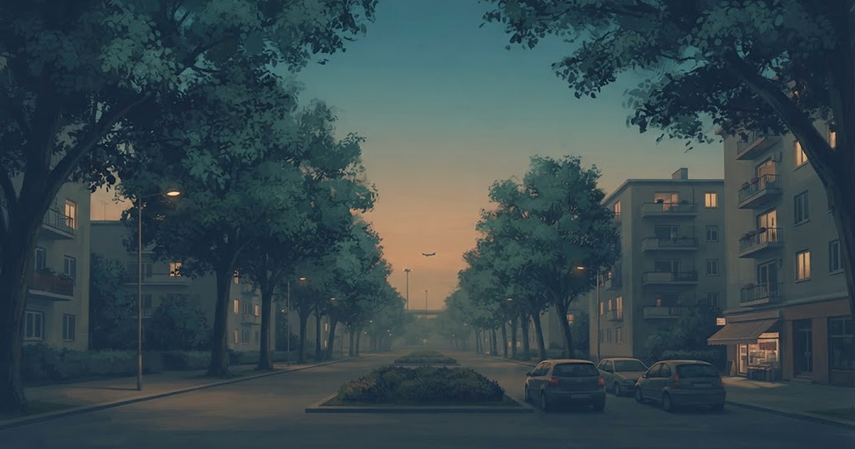 A tree-lined residential avenue in Parque Cecap, Guarulhos, at dusk, with an aircraft on approach in the distance