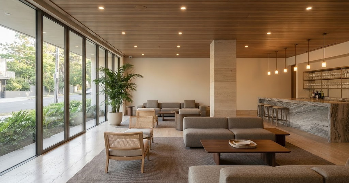 The lounge of a contemporary business hotel, with daylight through a full-height window wall