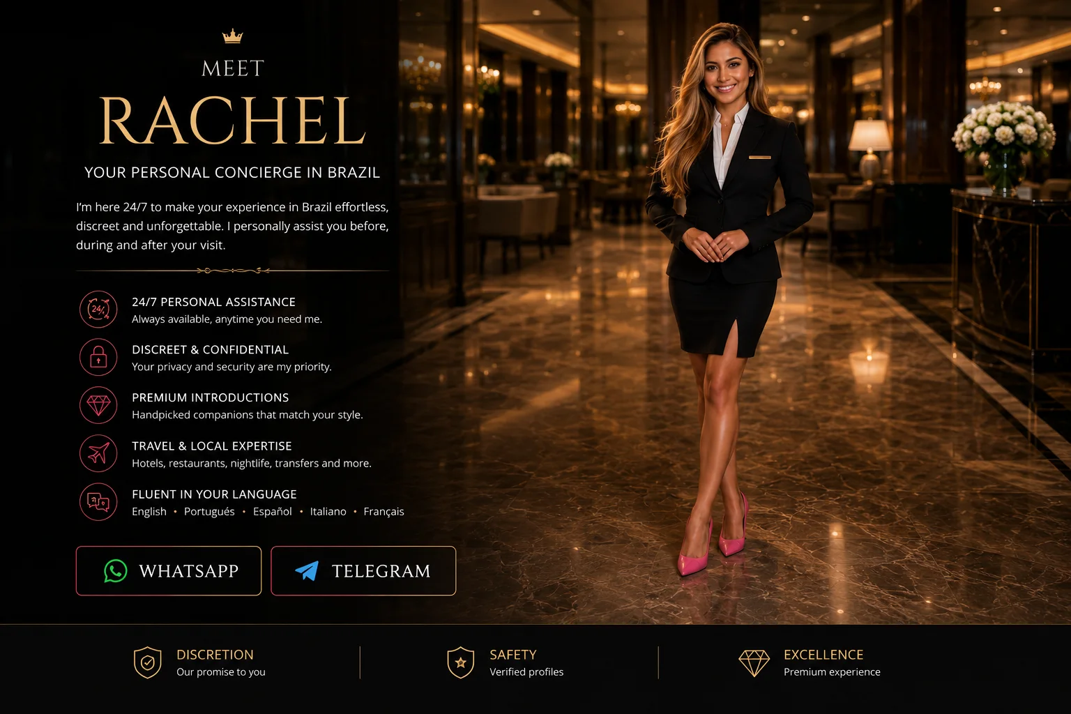 Rachel, personal concierge for The Brazilian Escorts in a luxury hotel